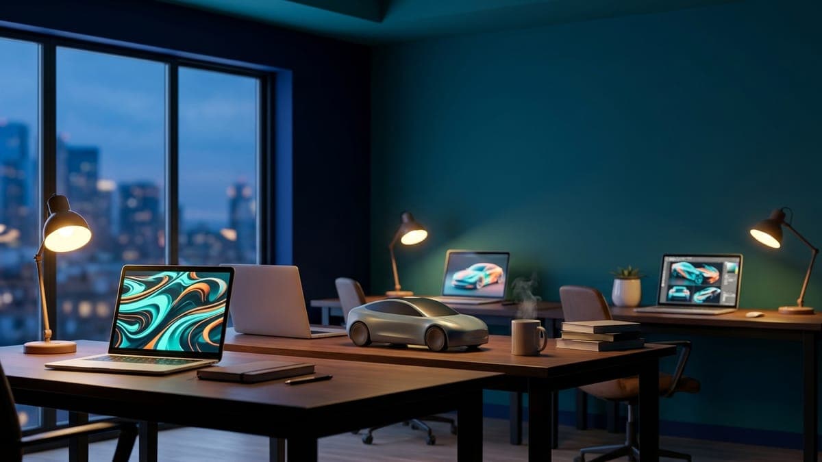Illustration of a cozy editorial workspace with three desks and car wrap designs on screens, for meet the FrunkLab writers