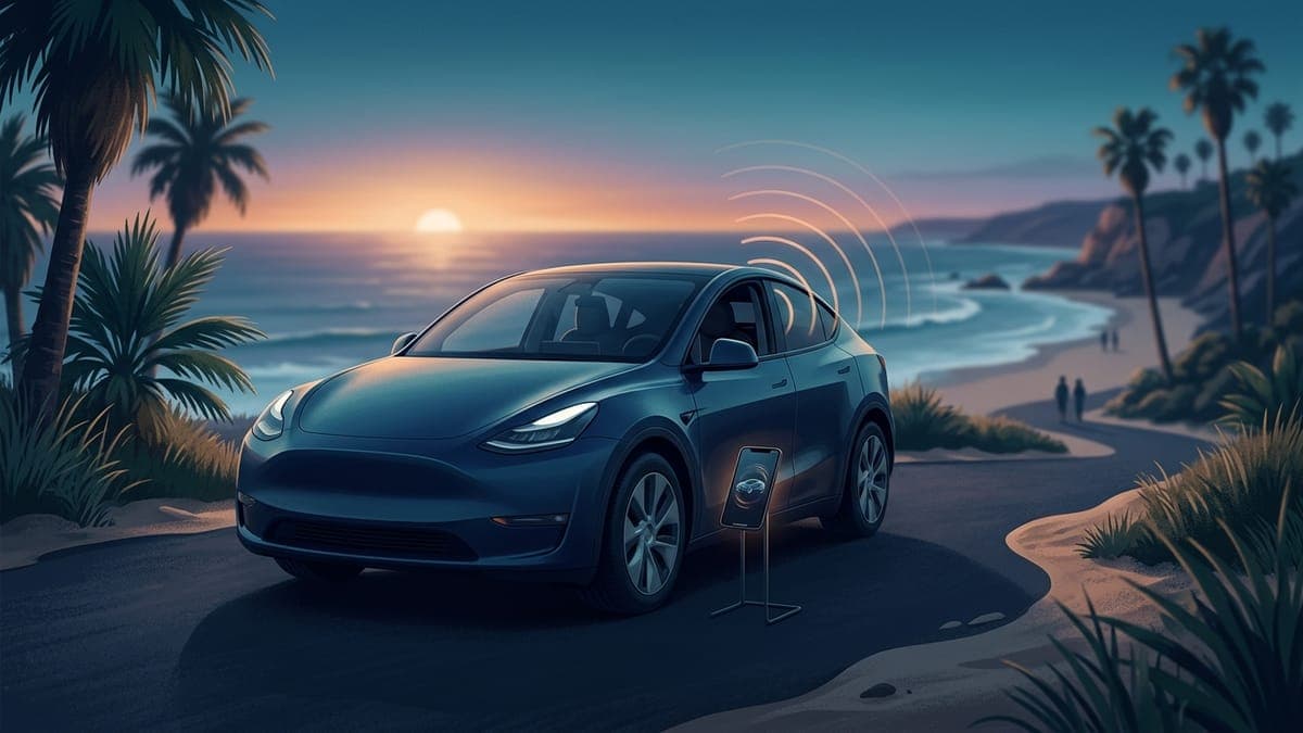 Illustration of an electric crossover at a beach overlook at sunset with a phone beside it, for FrunkLab's summer feature roundup