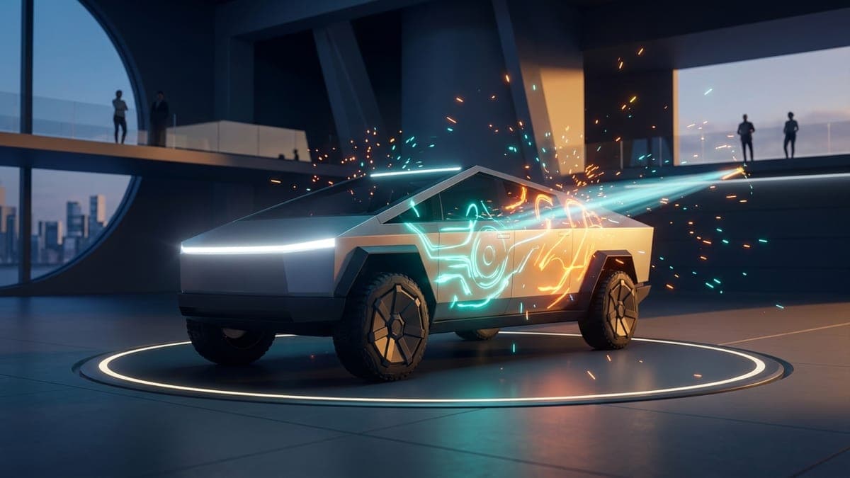 Illustration of an electric pickup on a turntable with light painting graphics onto its body, for the Garage 3D wrap editor launch