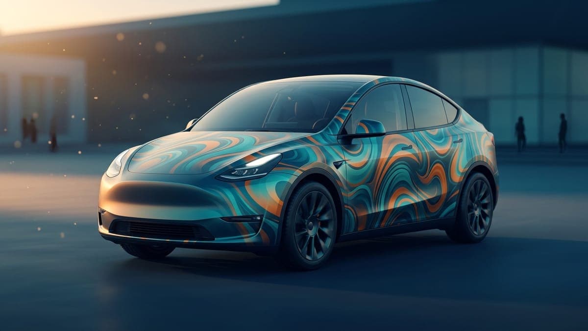Illustration of an electric crossover with a vivid generative pattern wrap, for the AI Tesla wrap generator guide