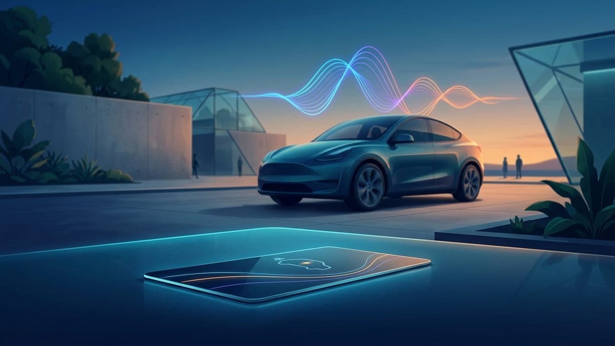 Illustration of sound waves rising from a parked electric car beside a key card, for the best Tesla lock chimes