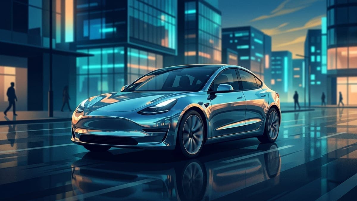 Illustration of an electric sedan in a mirror chrome wrap reflecting neon city lights, for the chrome Tesla wrap guide
