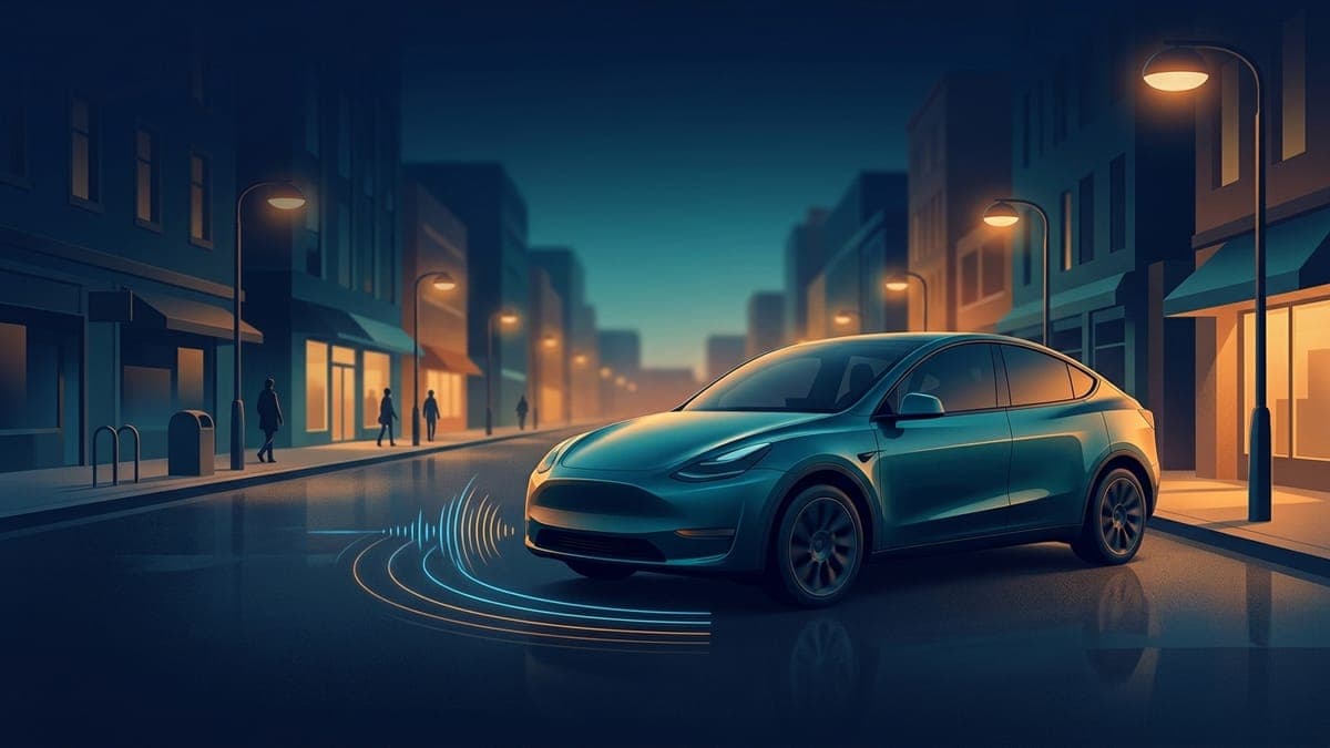 Illustration of an electric crossover with stylized sound waves from the front bumper, for a guide to Tesla Boombox