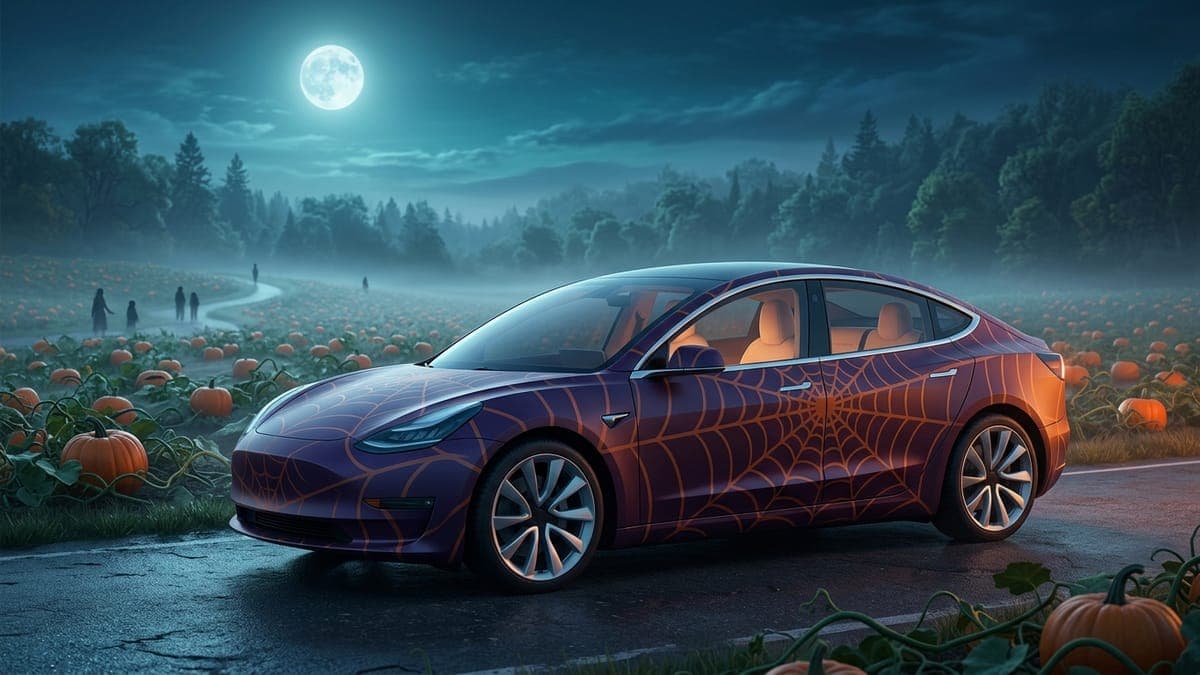 Illustration of an electric sedan in a purple and orange spiderweb wrap under a full moon, for Tesla Halloween wrap ideas