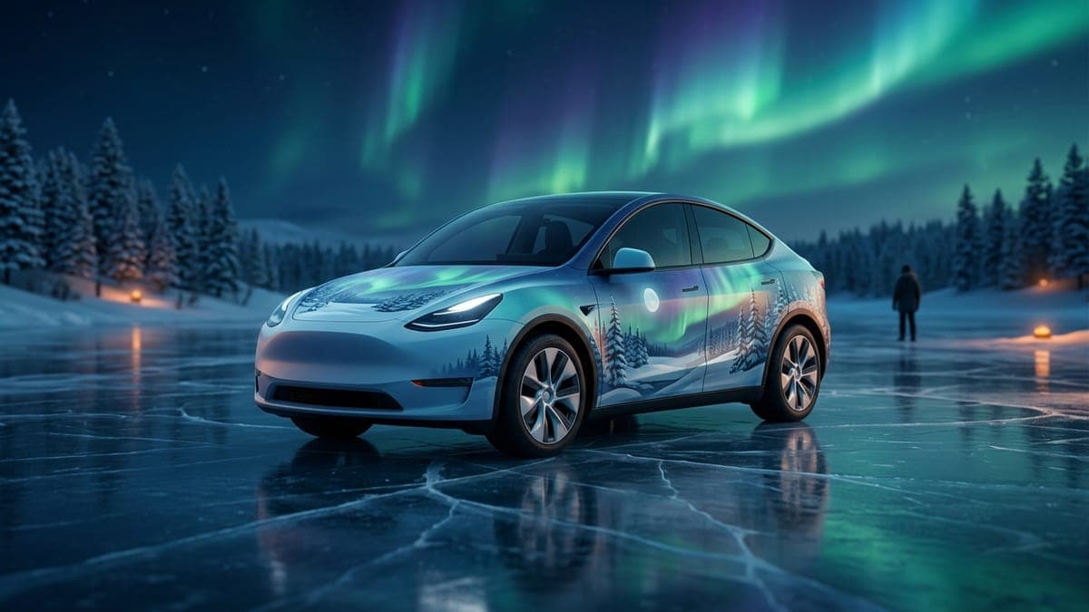 Illustration of an electric crossover wrapped in a snowy pine and northern lights scene, parked on a frozen lake under an aurora, for Tesla winter wrap ideas