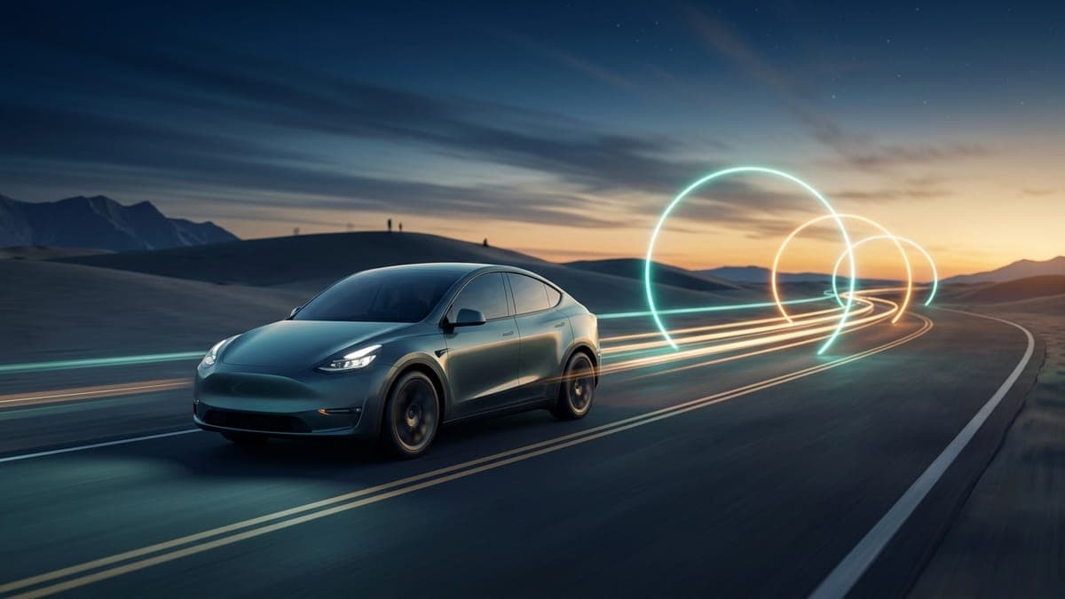 Illustration of an electric crossover on a desert highway with glowing light rings above it, for FSD logging 35 million miles a day