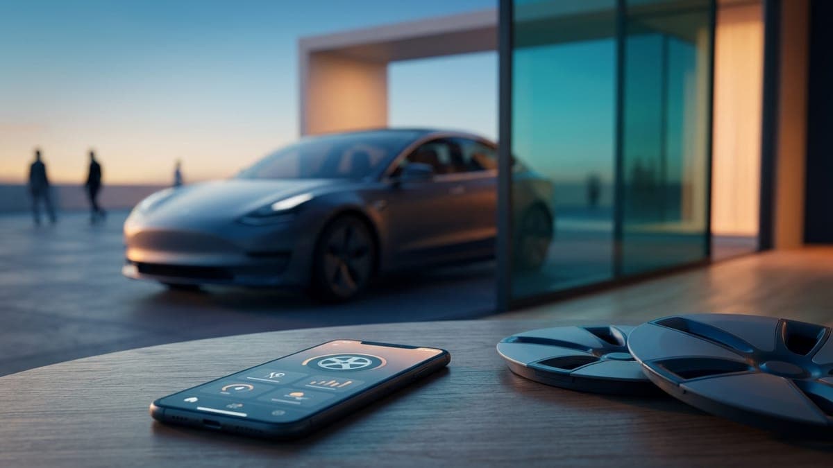 Illustration of a phone with an abstract car app next to aero wheel covers, for Tesla app 4.60.5