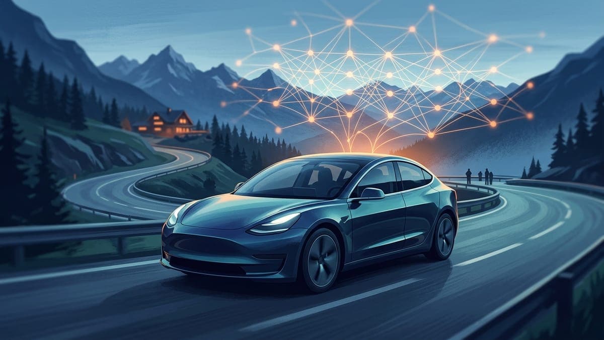 Illustration of an electric sedan on a mountain road under a glowing neural-network sky, for the FSD 14.3.7 rollout
