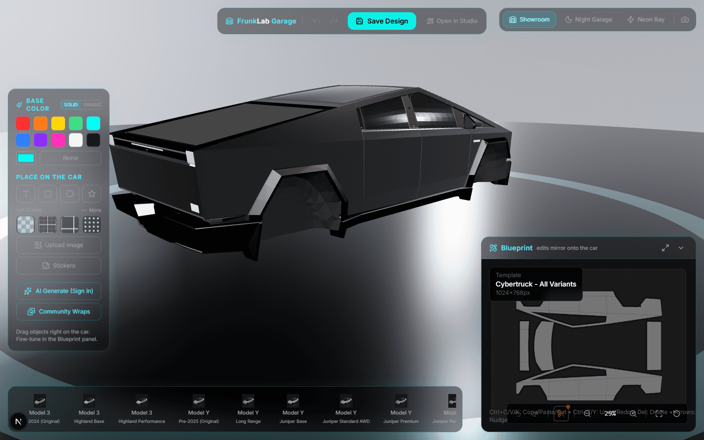 The Garage: a 3D Cybertruck in the showroom with the tool dock, Blueprint panel, and vehicle dock around it