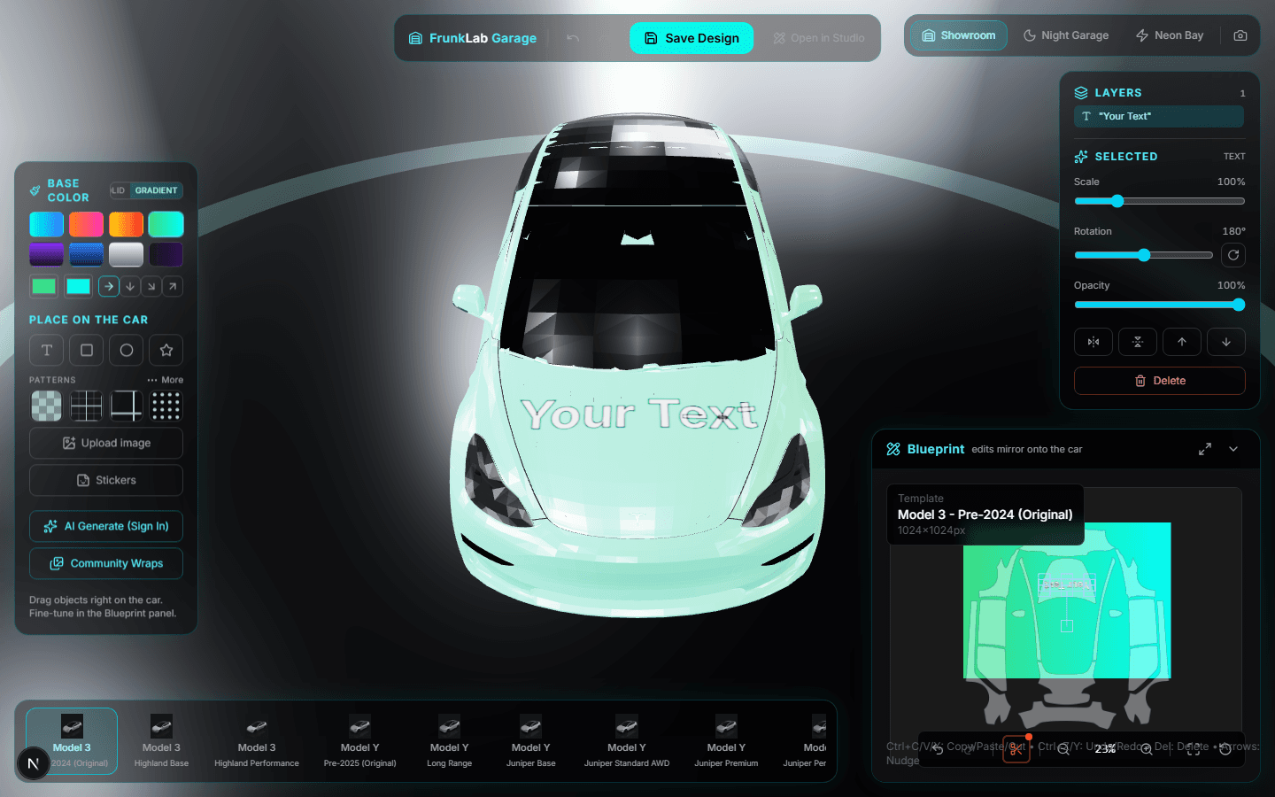 Text placed on a Model 3 hood in the Garage, auto-rotated to read upright on the panel