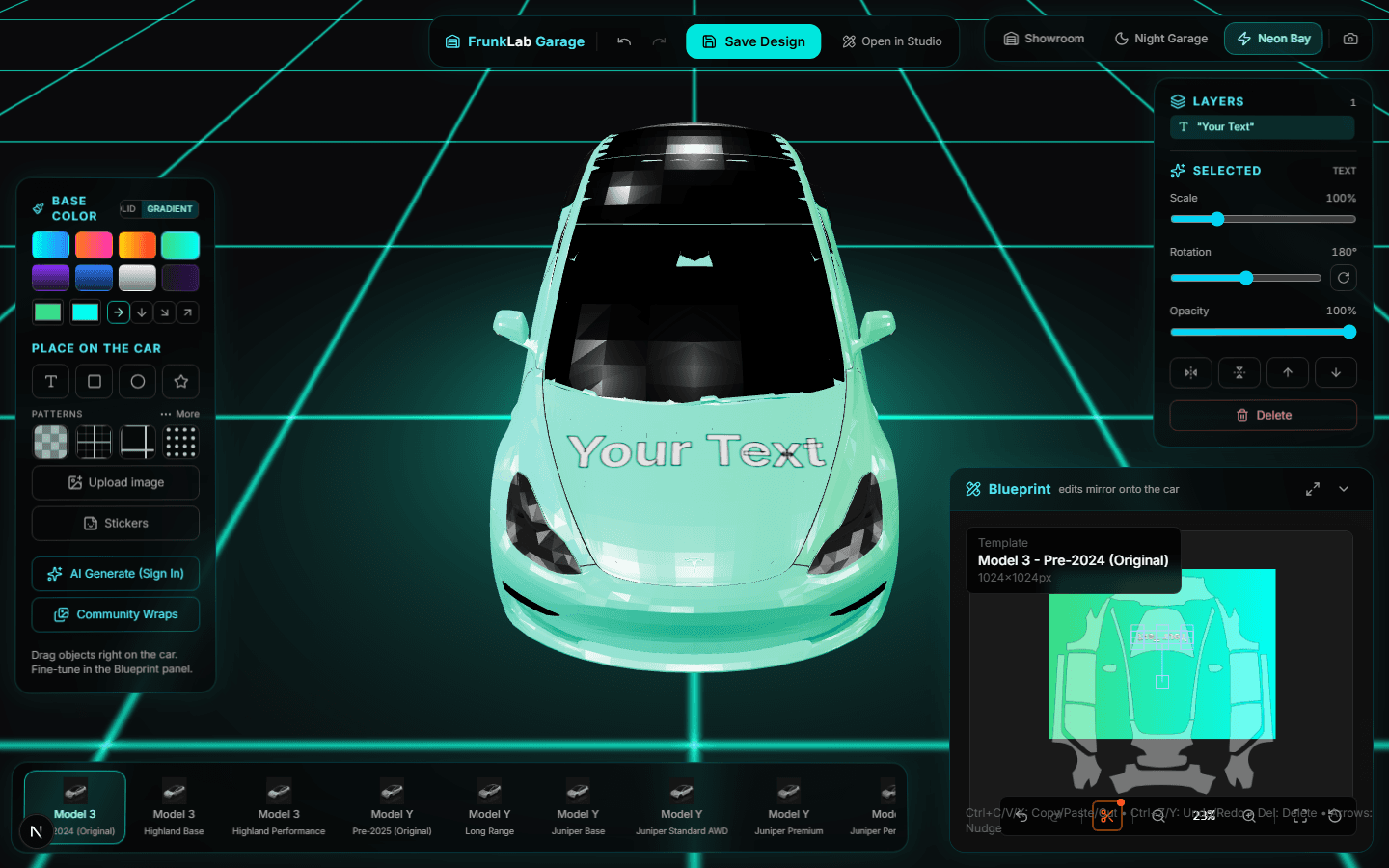 A gradient-wrapped Model 3 under the Neon Bay scene, the grid floor glowing in the wrap's colors