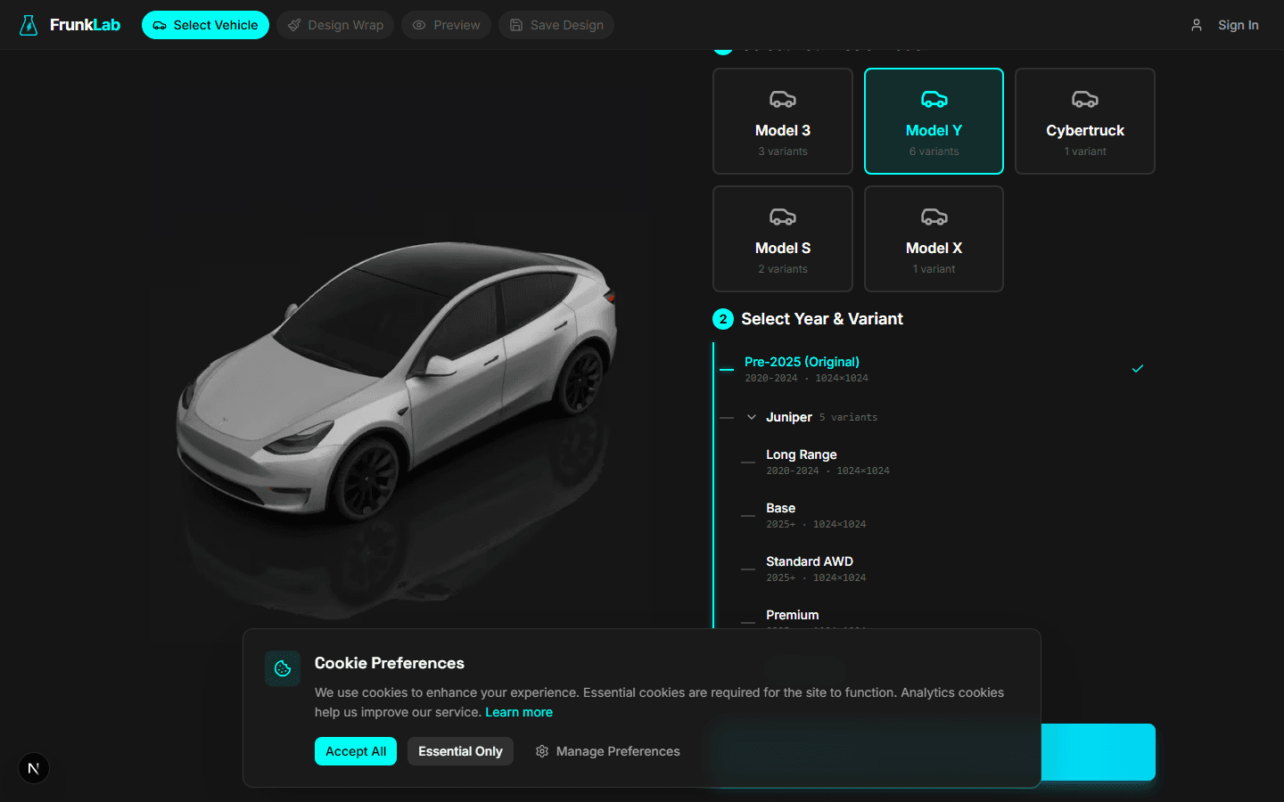 The FrunkLab studio editor with an empty Model Y template loaded, showing the toolbar, canvas, and layers panel