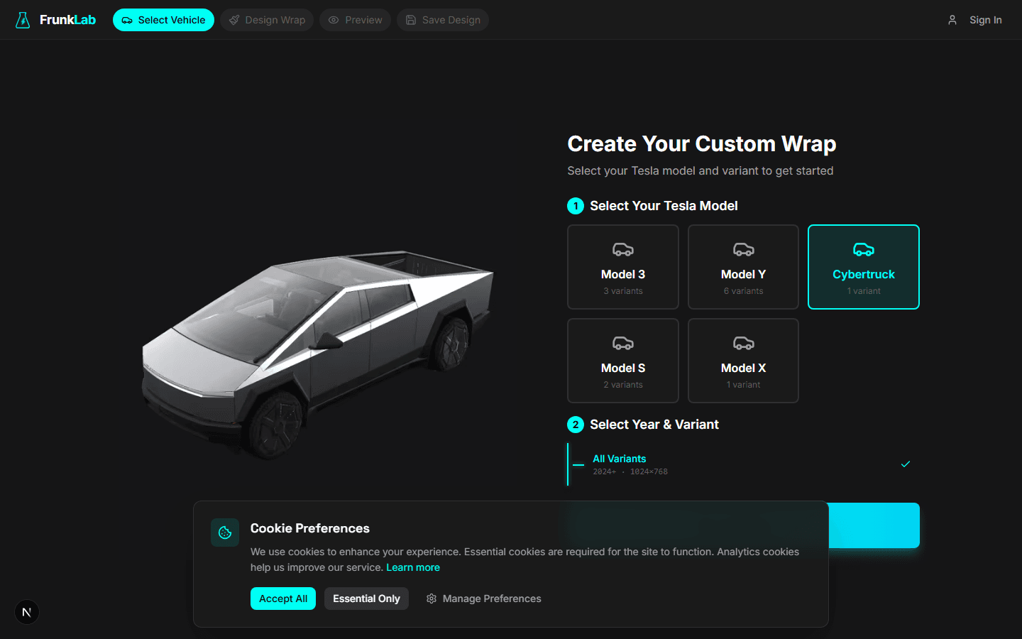 The FrunkLab studio vehicle picker showing Model 3, Model Y, Cybertruck, Model S, and Model X cards with Cybertruck highlighted in cyan