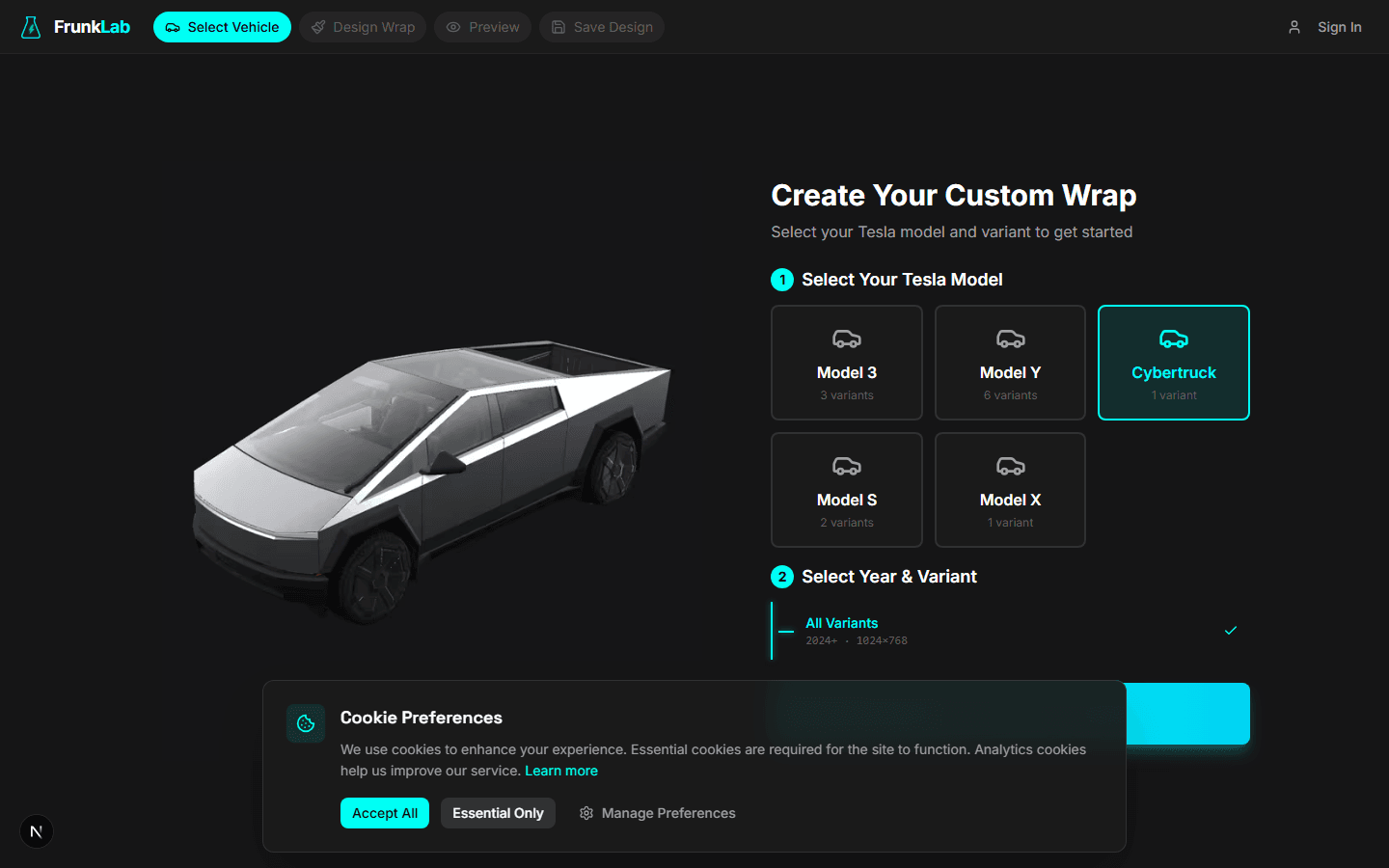 The FrunkLab studio vehicle picker with the Cybertruck card highlighted