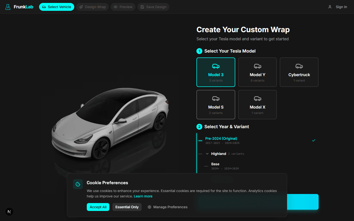 The FrunkLab studio editor with a Model 3 template loaded showing the toolbar and color picker access
