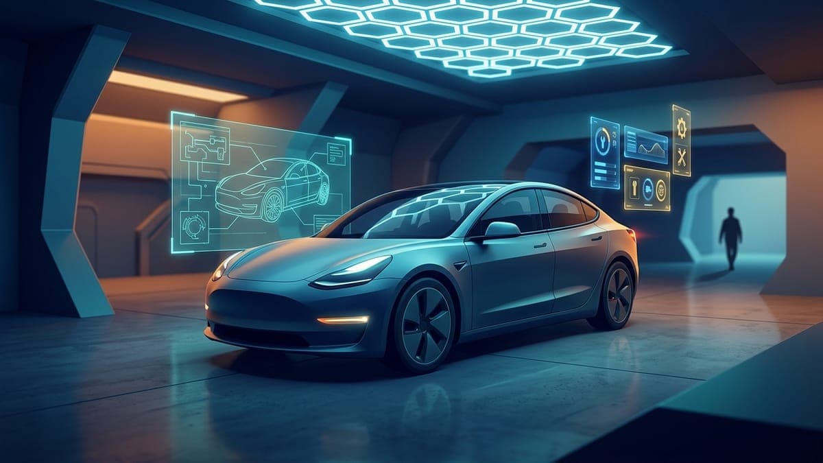 Illustration of an electric sedan in a futuristic garage with holographic tool panels, for Garage tricks