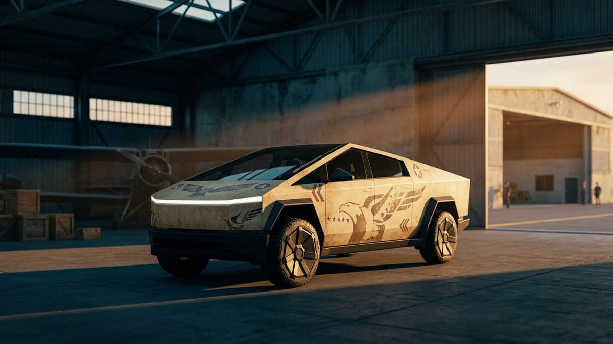 Illustration of an electric pickup in a vintage parchment and stars wrap in an old airfield hangar, for recreating the USA-250 look