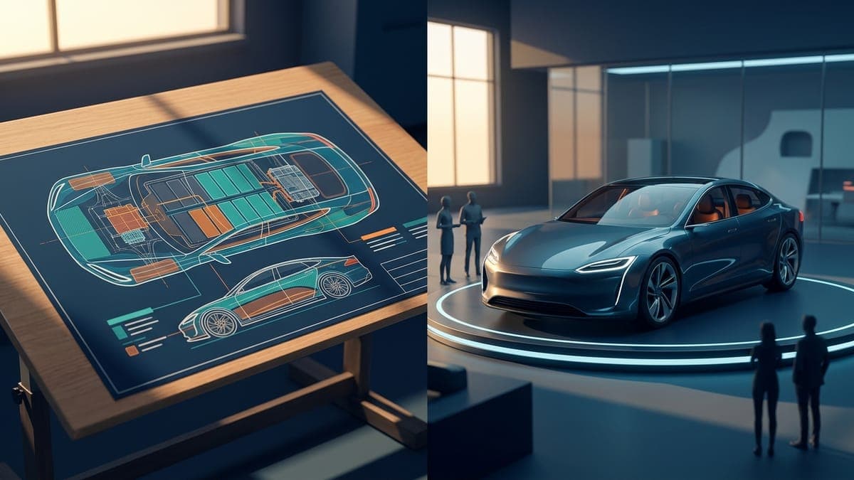 Illustration of a flat car blueprint next to the same design on a 3D car, for choosing between FrunkLab's Studio and Garage editors