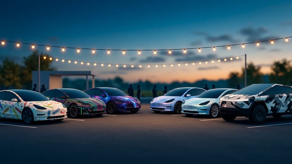 Illustration of a row of electric cars in colorful community wrap designs at an evening meetup, for a thank-you to the FrunkLab community
