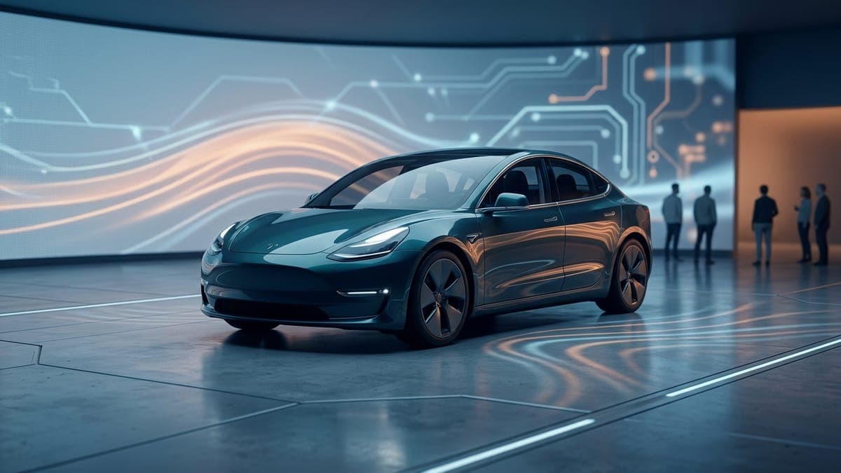 Illustration of an electric sedan with abstract light patterns across its body, for AI in car customization