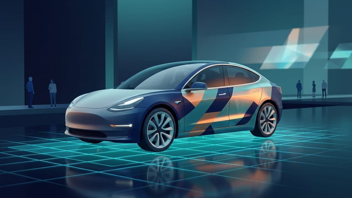 Illustration of an electric sedan in a digital 3D studio with a half-finished wrap, for the best Tesla wrap visualizer