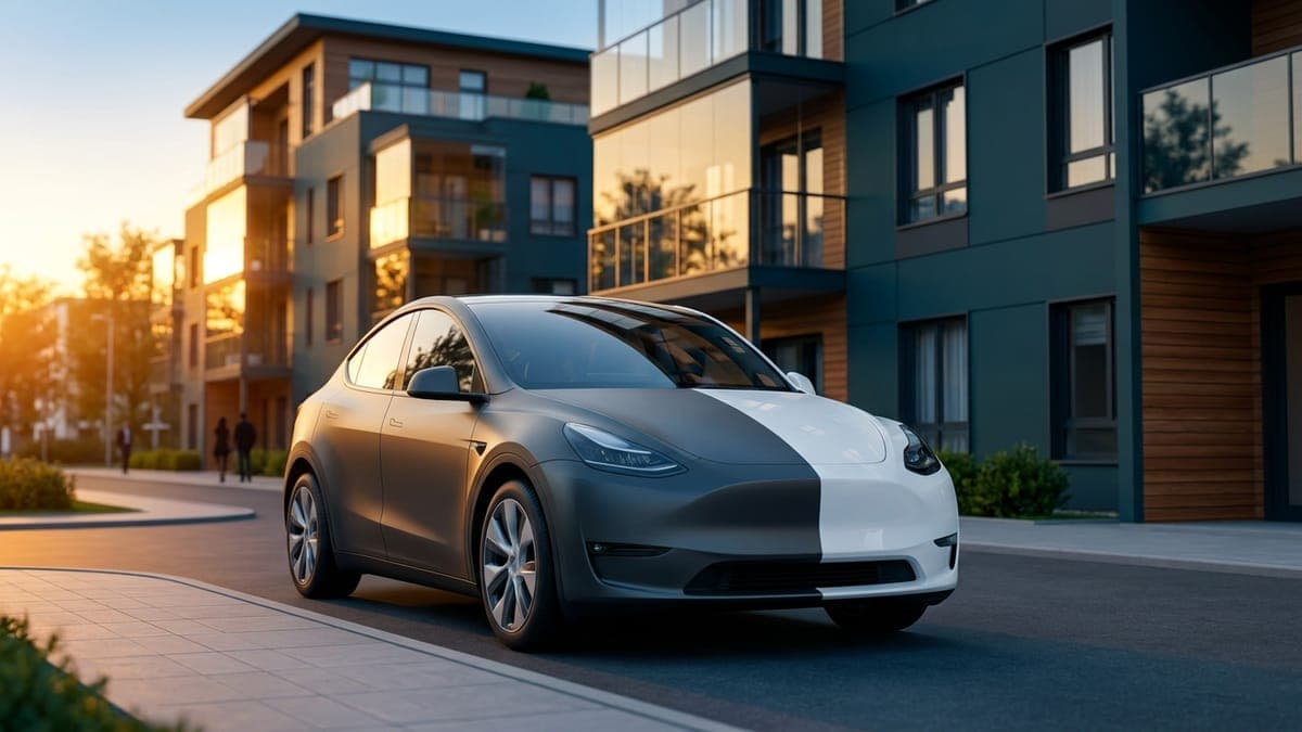 Illustration of an electric crossover half wrapped in matte charcoal vinyl, for wrapping a leased Tesla