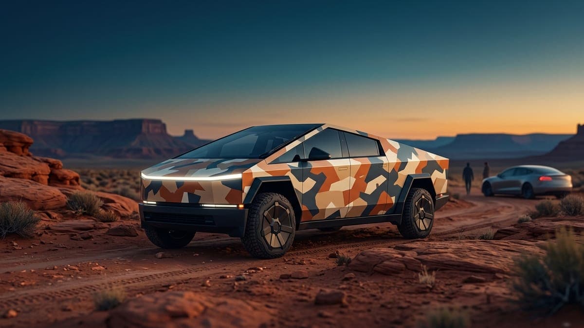 Illustration of an angular electric pickup in a desert geometric camo wrap, for Cybertruck wrap ideas