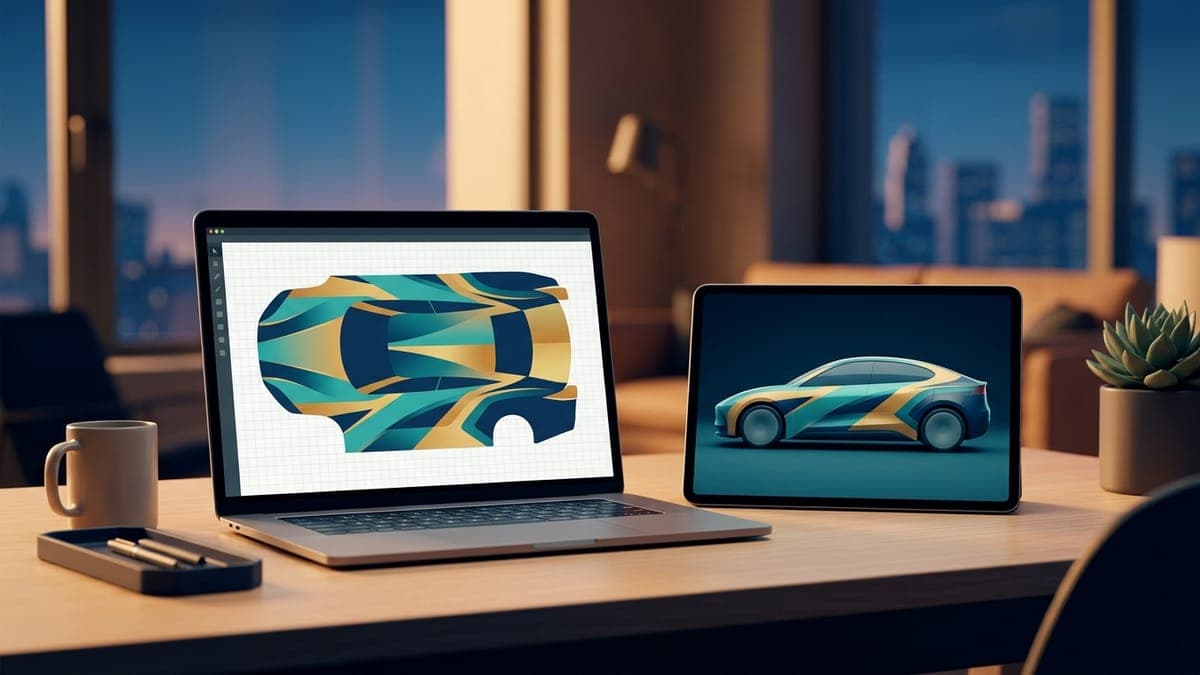 Illustration of a laptop and tablet showing a car wrap design in 2D and 3D, for a digital-first customization workflow