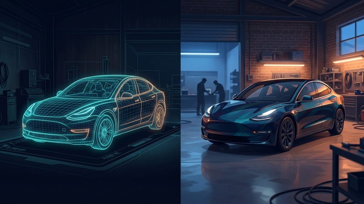Illustration of an electric sedan shown half as a digital hologram and half physically wrapped, for digital versus physical wraps