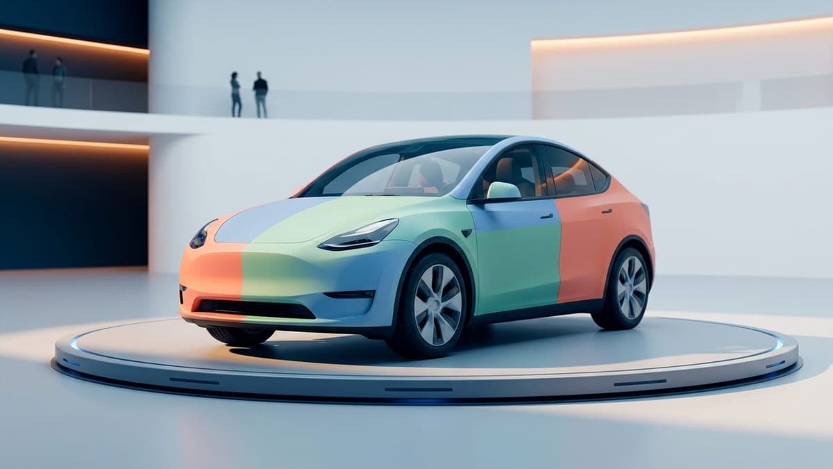 Illustration of an electric crossover on a turntable in a pastel color-block wrap, for the free online Tesla wrap designer