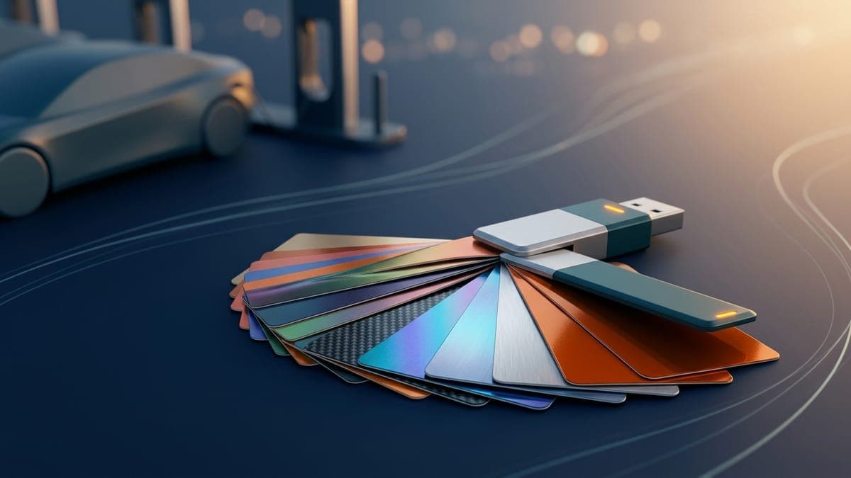 Illustration of a fan of colorful wrap design swatches spilling from a USB drive, for free Tesla wraps to download