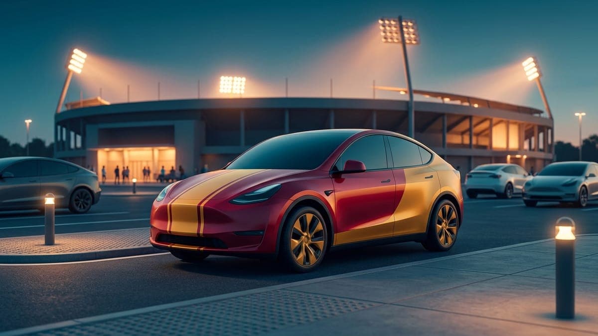 Illustration of an electric crossover in a crimson and gold gameday wrap outside a stadium, for gameday Tesla wrap ideas