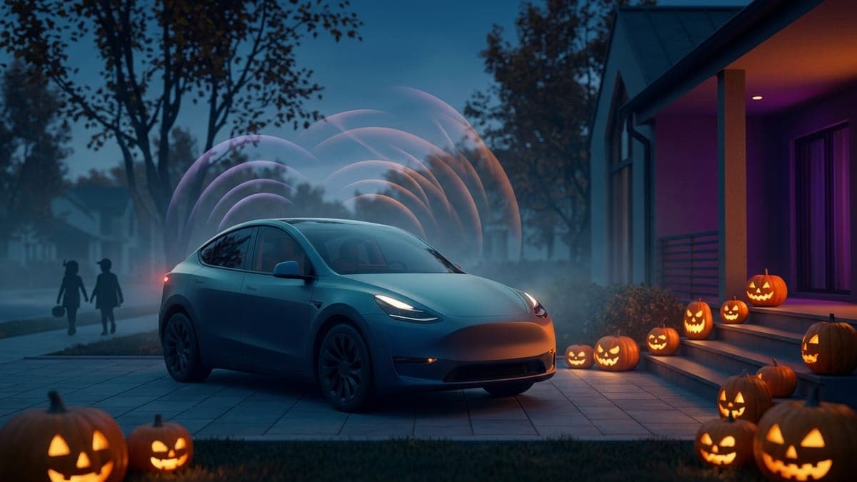 Illustration of an electric crossover in a Halloween driveway with pumpkins and sound waves, for Halloween Tesla lock sounds