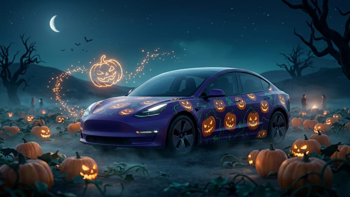 Illustration of an electric sedan in a purple jack-o-lantern wrap in a misty pumpkin patch, for Halloween Tesla wrap AI prompts