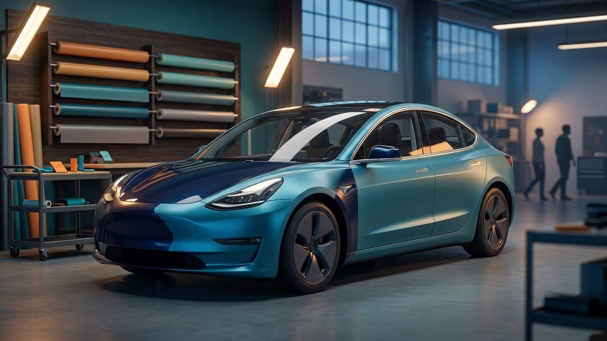 Illustration of an electric sedan half wrapped in a wrap shop with vinyl rolls, for how much a Tesla wrap costs