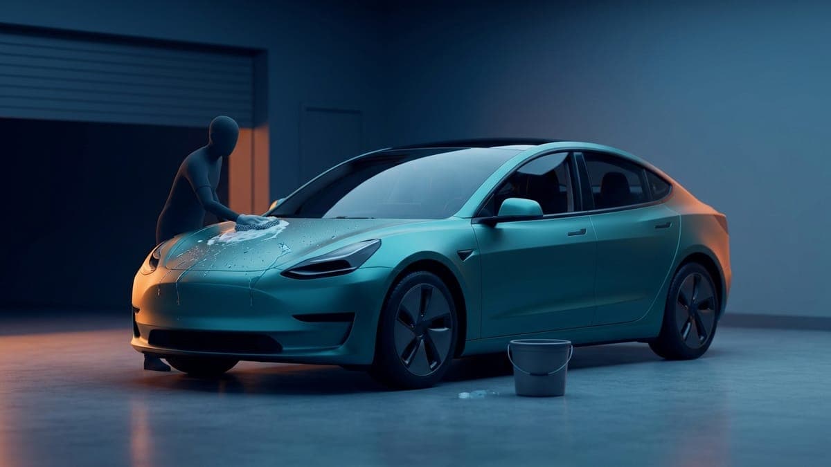 Illustration of a vinyl-wrapped electric sedan being hand washed with a microfiber mitt, for a guide to caring for a wrapped Tesla