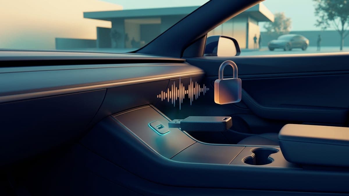 Illustration of a USB drive in a car console with a sound wave and padlock, for changing the Tesla lock chime