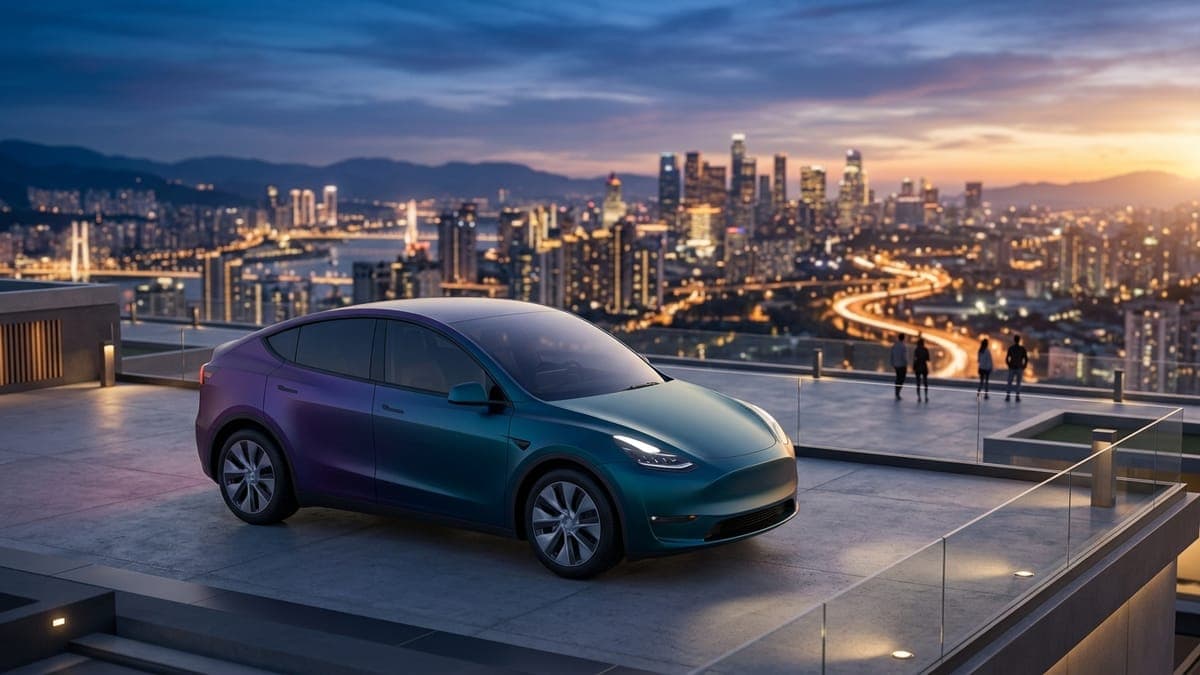 Illustration of an electric crossover in a purple-to-teal gradient wrap on a rooftop, for getting a custom Tesla wrap