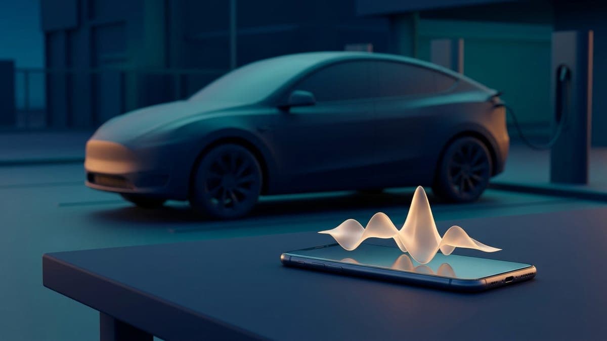Illustration of a glowing sound waveform above a phone, for making a custom Tesla lock chime with AI