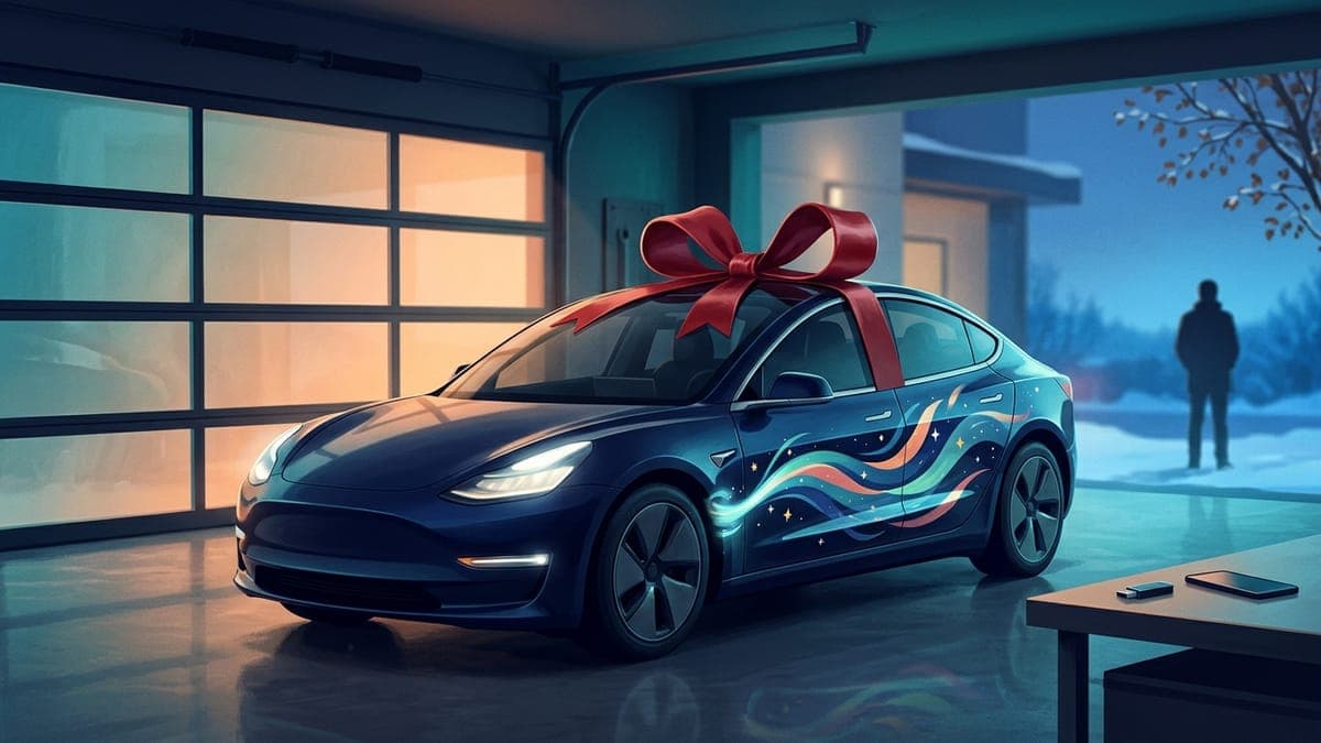 Illustration of a new electric sedan with a big red bow on its roof and a colorful wrap flowing across its doors, for setting up Paint Shop, wraps and lock sounds on a new Tesla