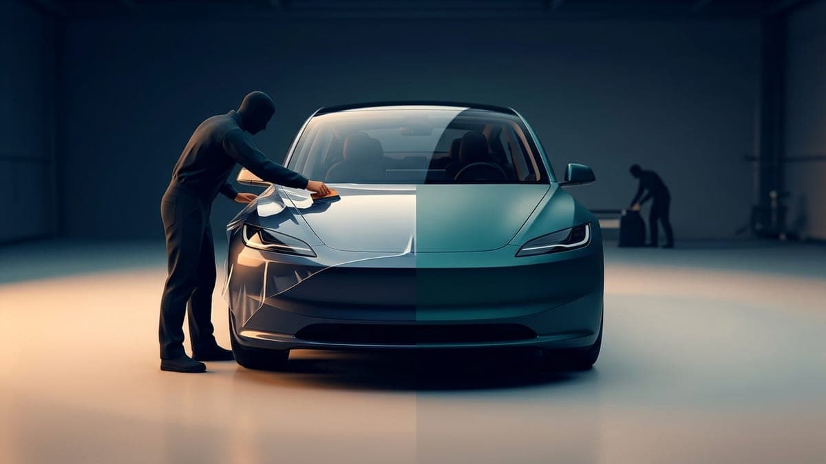 Illustration of close-up of clear protective film and colored vinyl on an electric sedan, for PPF versus vinyl wrap
