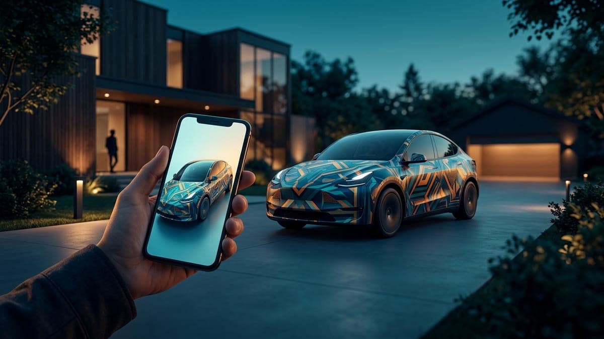Illustration of a phone showing a wrap design with an electric crossover behind it, for sending a wrap to your Tesla from your phone
