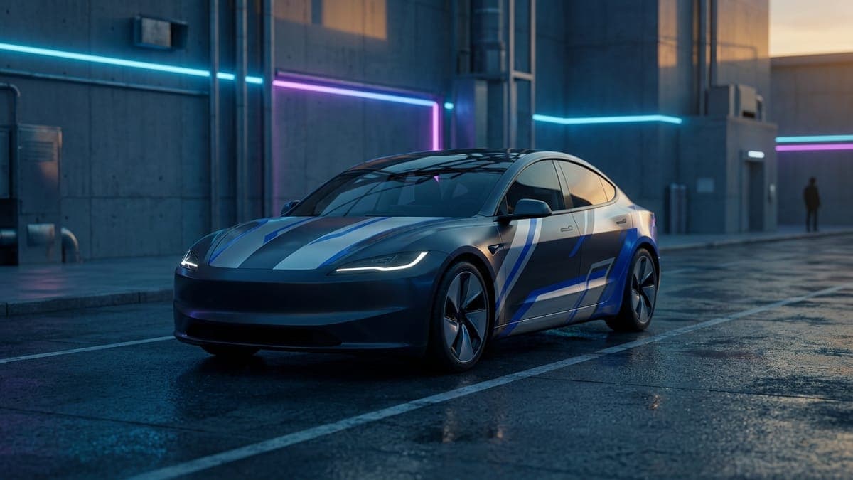Illustration of an electric sedan in a silver and blue street racing livery at night, for street racing Tesla wrap ideas