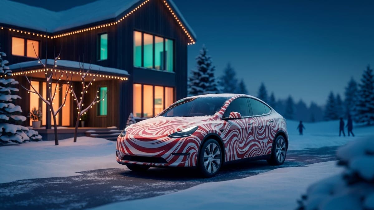 Illustration of an electric crossover in a candy cane wrap in front of a snowy house, for Tesla Christmas wrap ideas