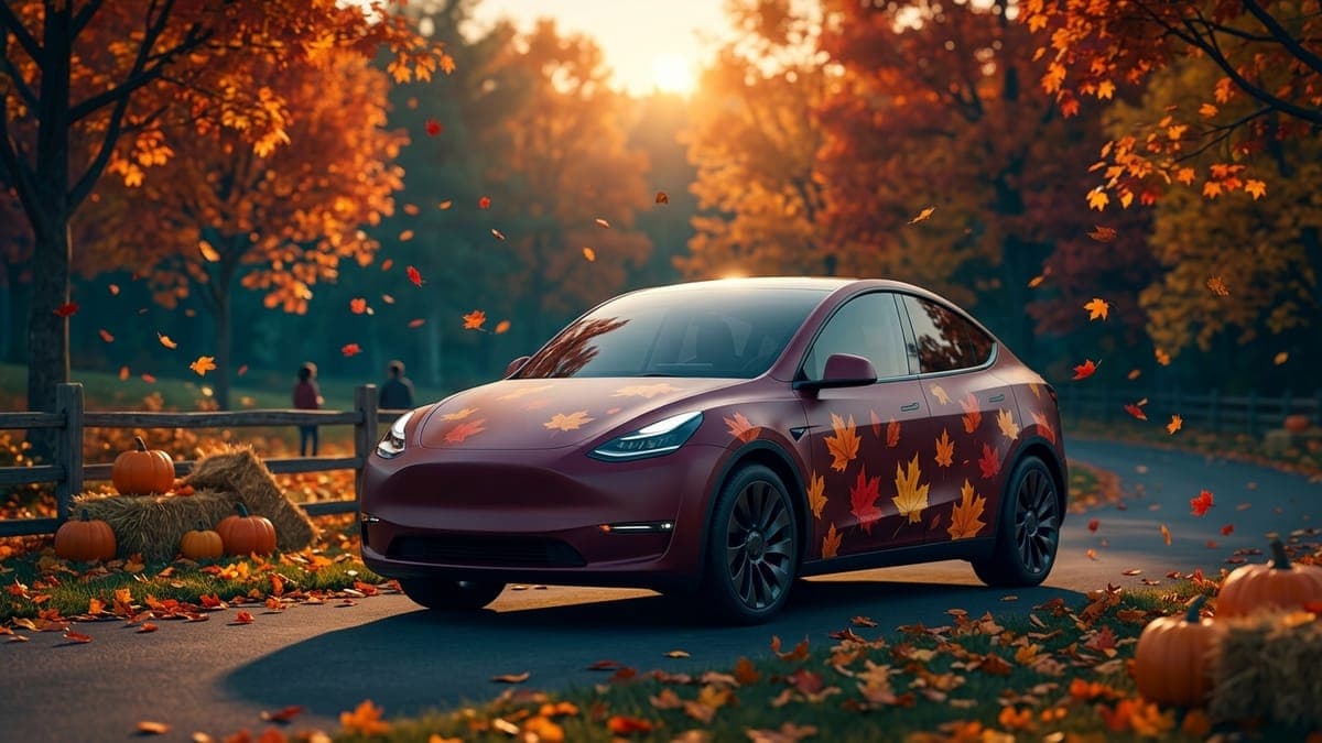 Illustration of an electric crossover in a burgundy falling-leaves wrap on an autumn country road, for Tesla fall wrap ideas