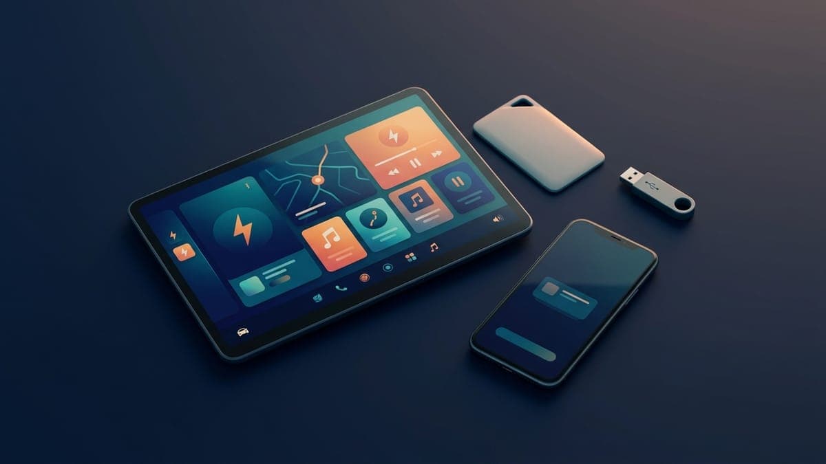 Illustration of a car touchscreen, key card, USB drive and phone on a desk, for a Tesla terms glossary