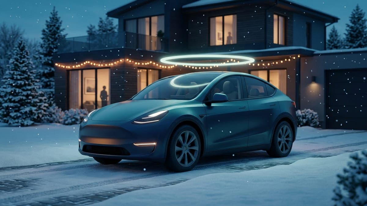 Illustration of an electric crossover in a snowy driveway with holiday lights and a soft glow above its roof, for when the Tesla Holiday Update comes out