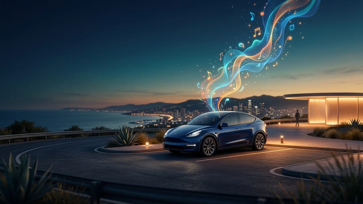Illustration of playful sound waves rising from a parked electric crossover, for Tesla lock chime ideas