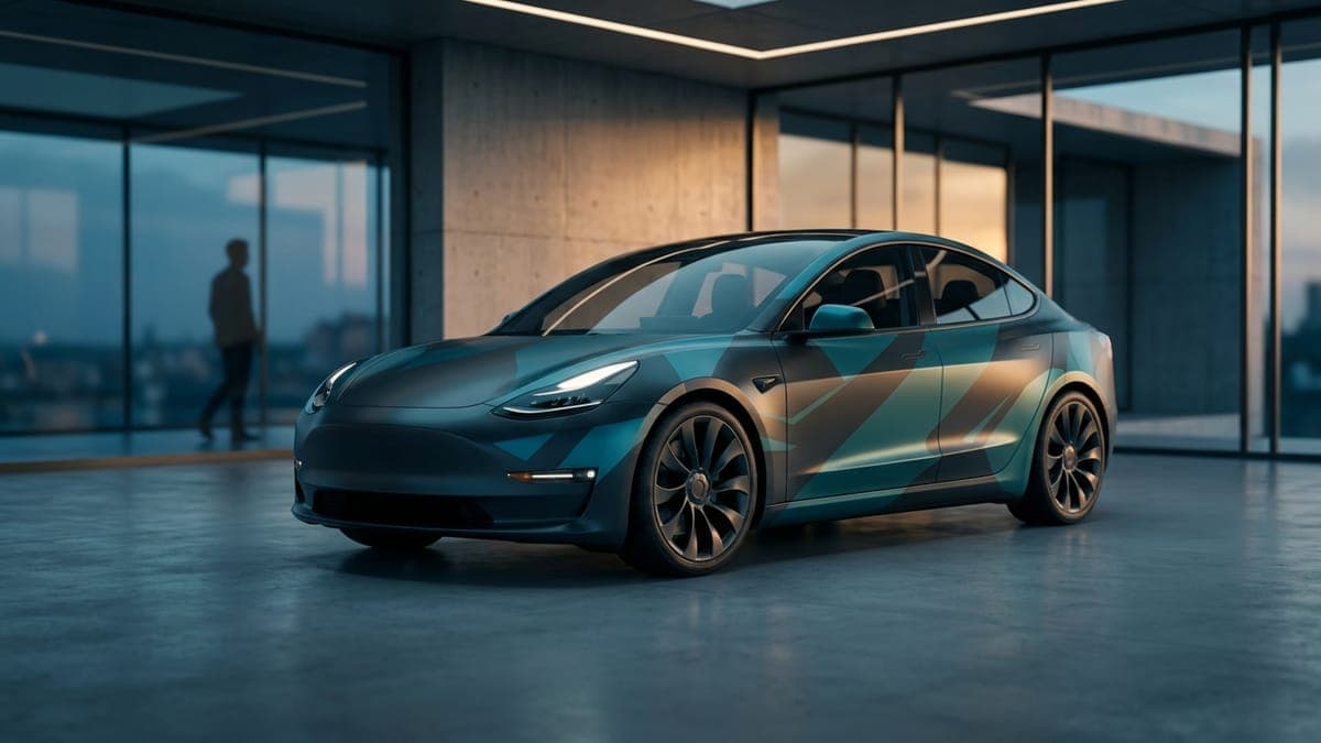 Illustration of a modern electric sedan in a graphite and teal geometric wrap, for Tesla Model 3 Highland wraps
