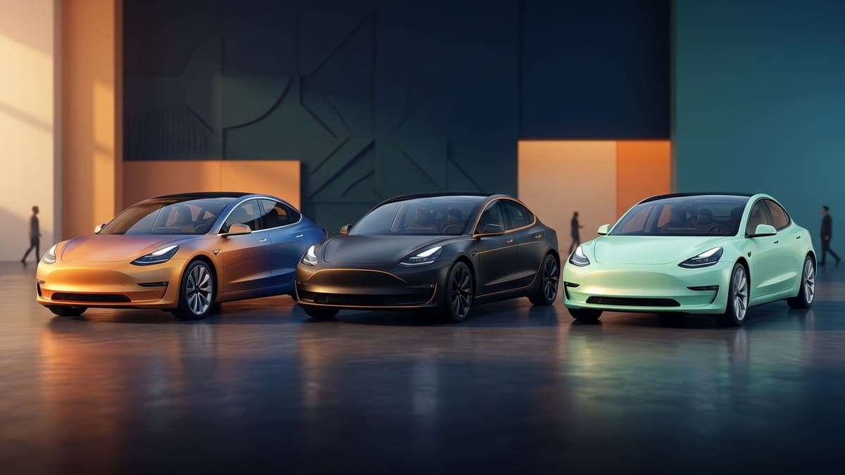 Illustration of three electric sedans in different wraps, for Tesla Model 3 wrap ideas